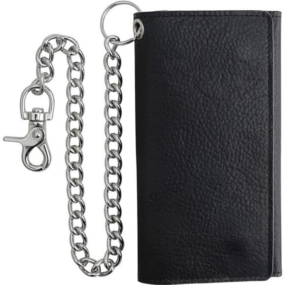 Premium RFID Blocking Tri-Fold Wallet Black Cowhide Leather Chain